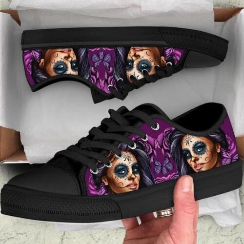 ELVISWORDS Calavera Girl Purple Casual Women Sneakers Shoes Woman Classic Low Style Vulcanized Canvas Shoes for Teen Girls Femme