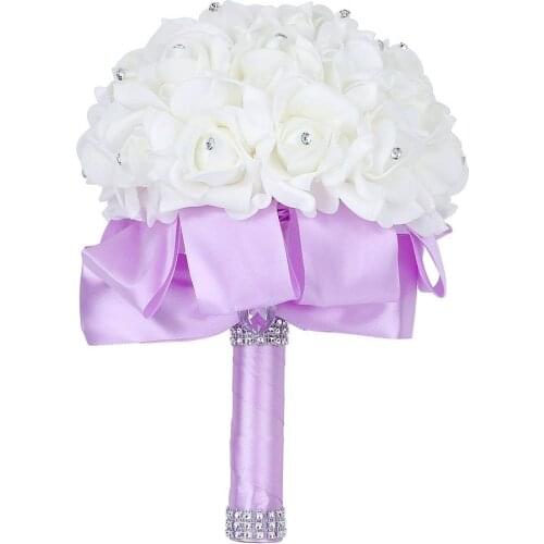 2019 Handmade Beautifu Lilac Bridal Bridesmaid Flower Wedding Bouquet Artificial Flower Rose Ribbon Crystal Bouquets de noiva