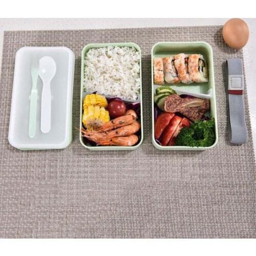 Microwave 2-layer Lunch Box with 4 Compartments & Tableware Wheat Fiber Portable Bento Case for Student Office 1.2L TN88