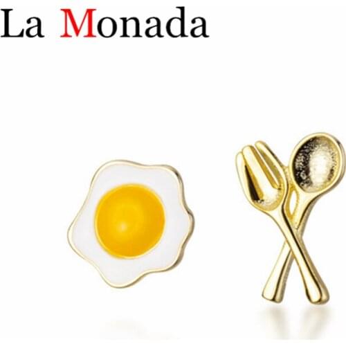 Cute Mini Enamel Poached Egg Spoon&Fork Creative Asymmetric Earrings Stud Fresh 925 Sterling Silver Gift Korea Jewelry