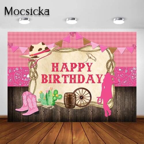 Mocsicka Cowgirl Backdrop Kids Baby Happy Birthday Rustic Western Cowgirl Party Photo Background for Party Decoration Photoshoot