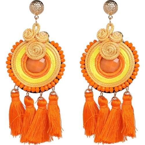 Fashion Leather Earrings Women Long Tassel Round Earrings Retro Handmade Jewelry Party Big Dangle Earrings National Wind Gift