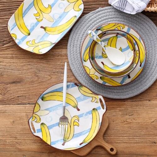 Fruit Pattern Ceramic Plate Set Tableware Set Underglaze Color Rice Bowl Disc Long Plate Spoon Tableware Set