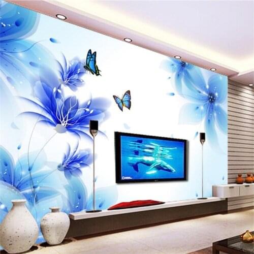 Beibehang Custom Wallpaper Living Room Bedroom Background 3d Wallpaper Dream Blue Lily Butterfly TV Background wallpaper mural