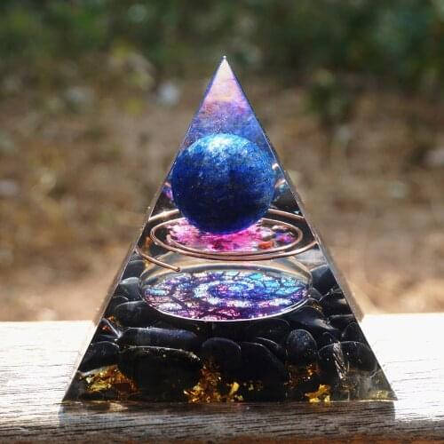 Handmade Orgonite Pyramid 60mm LAPIS LAZULI SPHERE OBSIDIAN HEALING Crystal Reiki Orgone Pyramid Chakra EMF Protection