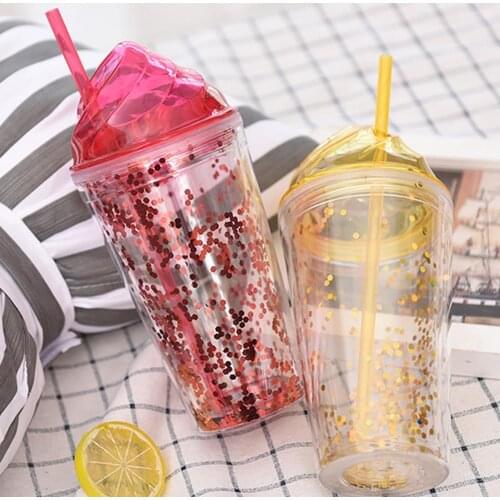 Outdoor sports plastic big water cup straw fashion shiny powder double cup ice cream cap straw cup water bottle