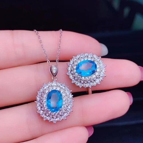 Luxurious round Natural 7*9mm blue topaz gem Ring Pendant Natural Gemstone Jewelry Sets 925 Silver Women party gift fine jewelry
