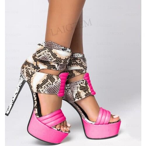 SEIIHEM Women Platform Sandals Stiletto Heels Open Toe Snake Patchwork Pumps Prom Party Ladies Shoes Women Plus Size 41 46 52