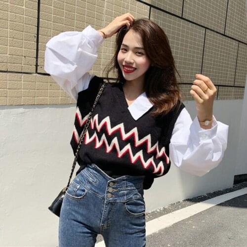 Korean Fashion Patchwork Sweater Women Elegant Lantern Sleeve Pullovers Knitted Sweaters Autumn Winter Tops Clothes Pull Femme