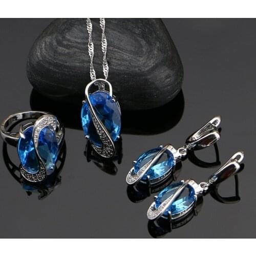 Silver 925 Jewelry Light Blue Cubic Zirconia White CZ Beads Jewelry Sets Weeding Earrings/Pendant/Necklace/Ring