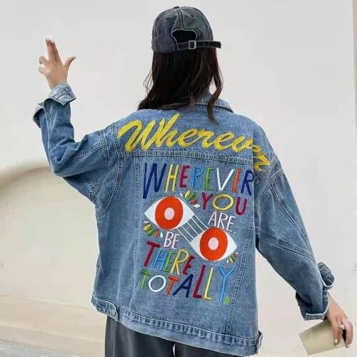 Letters Embroidery Denim Jackets 2021 Fall Women Loose Cargo Coats Turn-down Collar Washed Single Breasted Outerwear Female C040