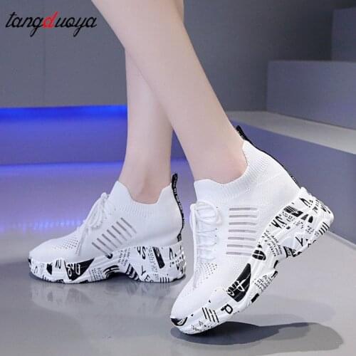 Breathable Knitted Chunky Sneakers Women 2021 New Spring Solid Wedge Sock Shoes Woman Thick Bottom High Top Shoes Female sneaker