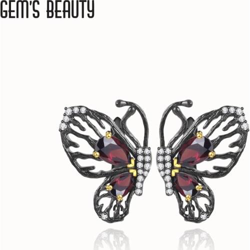 GEMS BEAUTY 925 Sterling Silver Butterfly Stud Earrings For Women Natural Pear Cut Garnet Handmade Earrings Anniversary Gift
