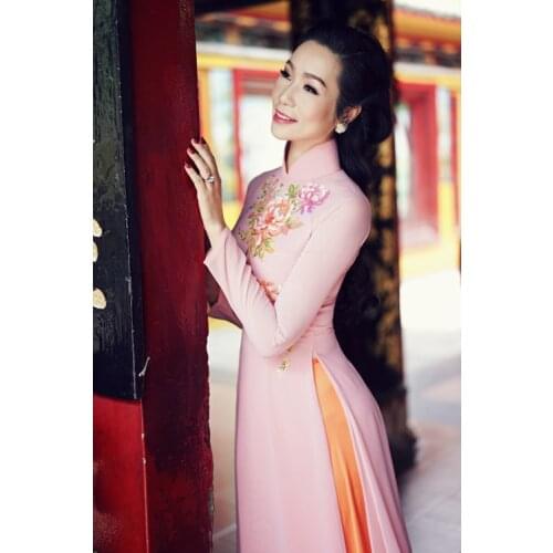 Pink Print Slit Women Aodai Vietnam Clothing Cheongsam Aodai Vietnam Dress Vietnamese Traditionally Dress Cheongsam