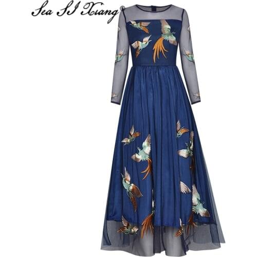 Seasixiang Fashion Designer Early Autumn Mesh Dress Women O-Neck Long Sleeve Embroidery Elegant Party Long Dresses