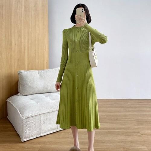 New Autumn Winter Fashion Half Turtleneck Button Long Sweater Dress Womens Full Single Breasted Sleeve Chic Knit Dress Female