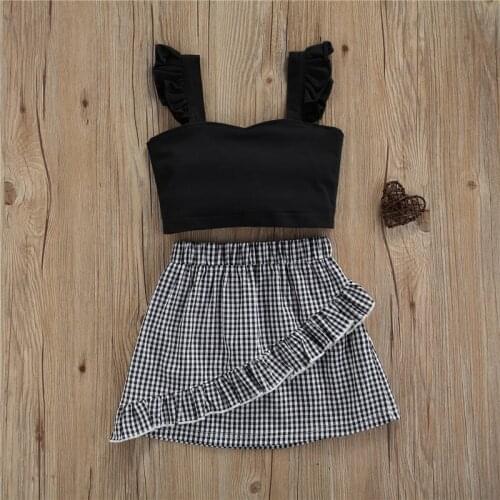 2Pcs Kids Summer Outfit Girl Child Sleeveless Crop Tops Plaid Skirt for Girls Childrens Baby Clothing 3-8 Years