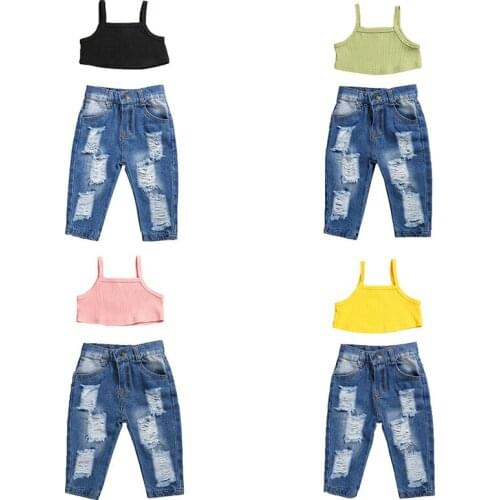 2020 Summer Girls Clothing Set Newborn Baby Children Kids Sleeveless Knitted Crop Tops+Ripped Hole Long Pants Jeans 2 pcs