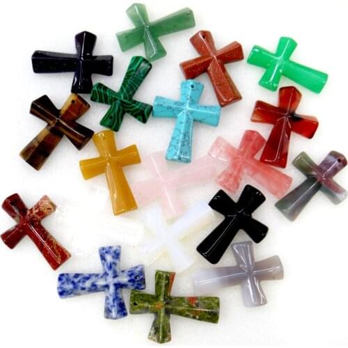 2020 Natural Stone Mix Quartz Crystal amethyst Turquoise Cross Pendants For DIY Jewelry Making Necklaces For Man Woman 6pc