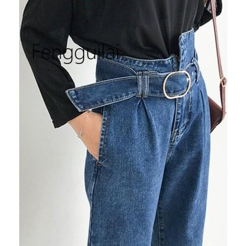 2021 Boyfriend Jeans for Women Fashion Streetwear Loose Women Jeans with High Waist Personality Irregularl Belt Vintage Denim Pa