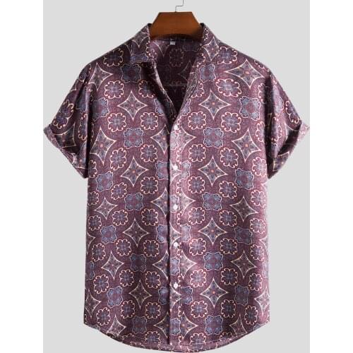 60# Shirt Mens Loose Gradient Geometry Printed Short Sleeve Buttons Shirts Loose Blouse Harajuku Oversize Shirts For Men