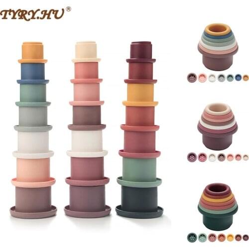 TYRY.HU 7pc Cup Building Block Silicone Teether Soft Jenga Building Blocks Stacked Cups 3D Folding Educational Game Toy BPA Free