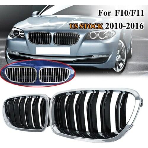 Car Chrome+Glossy Black Dual Slats Front Kidney Grille Grill For-BMW F10/ F11 M5 535I 550I 528I 4-Door 2010-2017