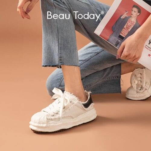 BeauToday Casual Sneakers Women Synthetic Leather Patchwork Canvas Round Toe Dissolve Sole Lace Up Female Shoes Handmade 29136