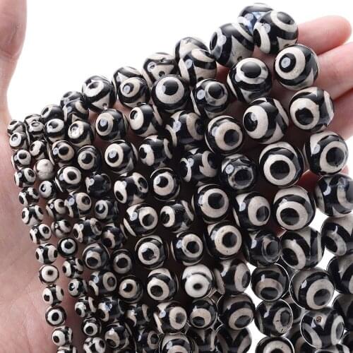 Natural Stone Beads Black White Dzi Bead for Jewelri Making Round Loose DIY Bracelet Necklace Beads Accessories 6/8/10/12/14mm