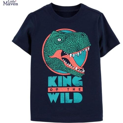Little Maven New Summer Kids Blue Dinosaur Head Printed Jurassic O-neck Short- sleeved Cotton Knitted Boys Casual Tshirts Tops