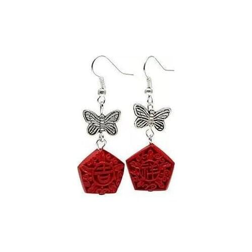Perfect Flower Red Carved Cinnabar Earrings, Fashion Womens Carved Lacquerware Jewelry, S925 Silvers Dangle Earring . C-37