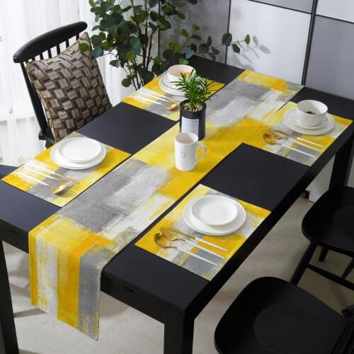 Oil Painting Abstract Geometric Yellow Table Runner Set Luxury Wedding Table Decoration Tablecloth Dining Table Decor Placemats