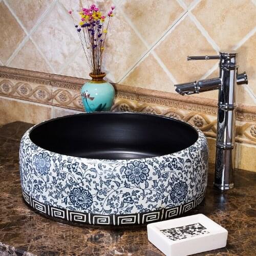 Jingdezhen ceramic art countertop wash basin bowl for bathroom lavabo sink Bathroom sink ceramic wash basin round blue and white