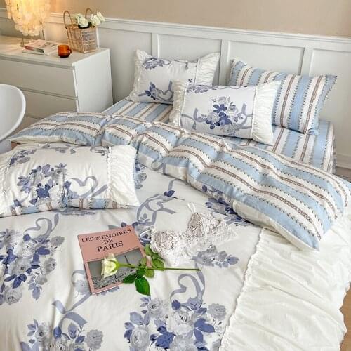 French Princess style Bedding Set Cotton INS Korea Quilt Cover Retro Rose Sheet Bubble Sleeve King Queen Pillowcase 4 PCS