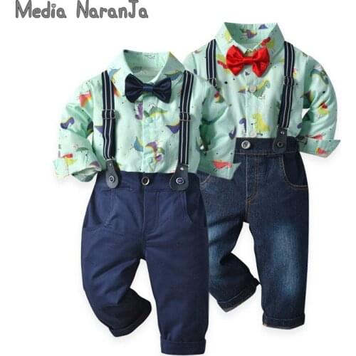 Boys Suit Spring Autumn New Baby Long-Sleeved Gentlemans Dress Strap dinosaur bodysuit/shirt +pants bow tie Suit