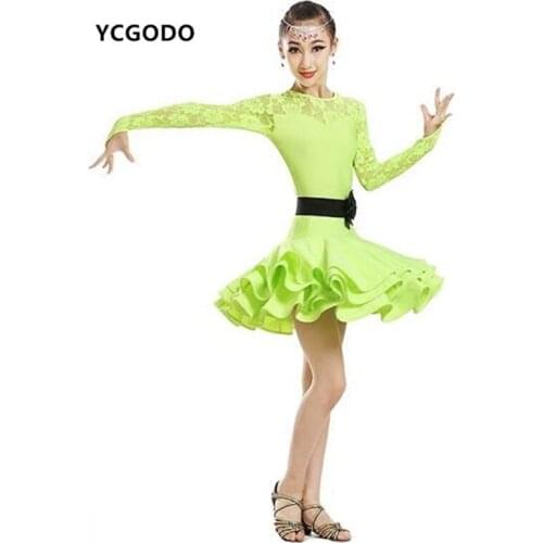 Lace Kids latin dresses Sexy girls Ballroom Dresses Salsa Latin Dance Dress Children lace dress for girls long sleeves