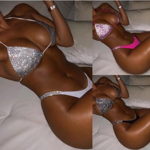 Luxury Bling Rhinestone Sliver Bikini Set Crystal Diamond Sexy Women Bathing Swimsuit Halter Push Up Bandage Swimwear Beachwear