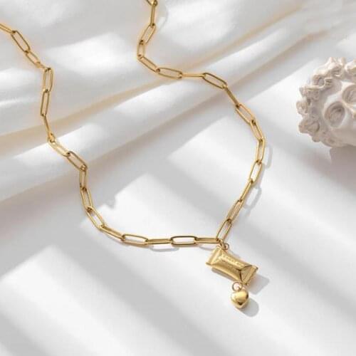 Stainless Steel Minimalism Gold Candy Bead Chain Link Women Pendant Necklace Geometric Rectangle Round Necklaces Gift For Him