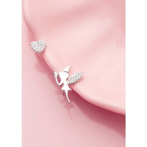 MloveAcc Genuine 925 Sterling Silver Sweet Heart Fairy Angel Wing Dazzling CZ Stud Earring Love Gift for Women Girl Friends Teen
