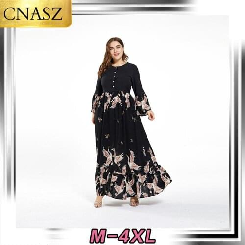Muslim Dress Islamic Turkey New Fashion Printed Mid-Sleeved Loose Casual Plus Size Womens Dress Dubai Middle East Dress