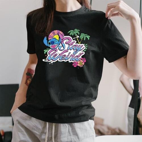 New T Shirt Fashion Women Harajuku Summer Tops Girls Disney Lilo & Stitch Stay Weird T-Shirt Graphic Tee Female Clothing