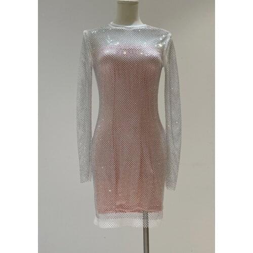 H80&S90 New Women Crystal Diamond Sexy Bodycon Dress Hollow Out Long Sleeve Mini Dress Female See Through Rhinestone Party Dress