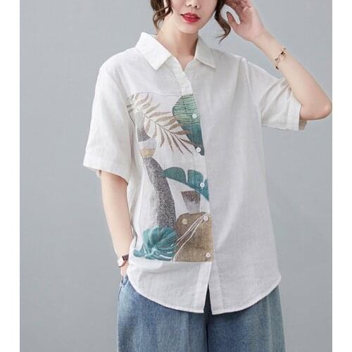 Wmomen Cotton Linen Casual Shirts New 2021 Summer Simple Style Turn-down Collar Vintage Print Ladies Short Sleeve Tops B004