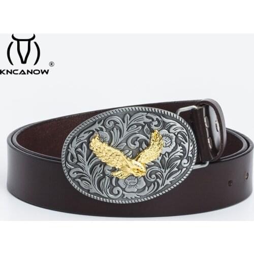 Cowhide Genuine Leather Belts For Men Brand Gold Plated Eagle Buckle Jeans Cowboy Male Luxury Designer High Quality Leather Belt