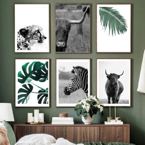 Nordic zebra leopard monster palm leaf plant poster mural art oil painting and print living room home decoration painting