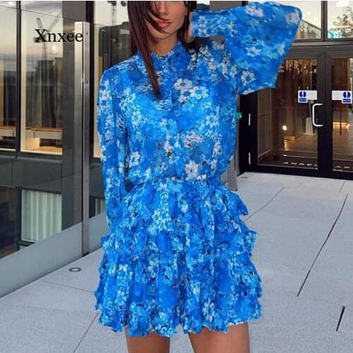 Print Skirts 2 Piece Set Autumn Ladies Long Sleeve Ruffle Blous Sleeve Shirt Skirt Suit Skirt Tops Two Piece Set 2021 New Outfit