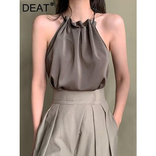 [DEAT] O-neck Collar Solid Sleeveless Top Women Chiffon Hanging Neck Off Shoulder T-shirt Women 2021 Spring And Summer GX965