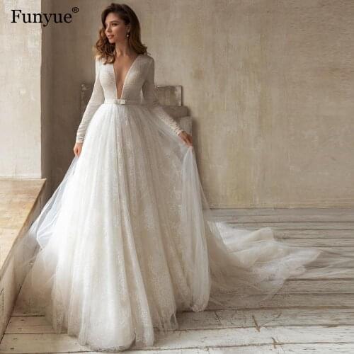 Elegant Long Sleeves Wedding Dress 2021 New Arrival Sexy V-neck A-Line Sweep Train Tulle Bridal Gown Custom Made Robe De Mariee