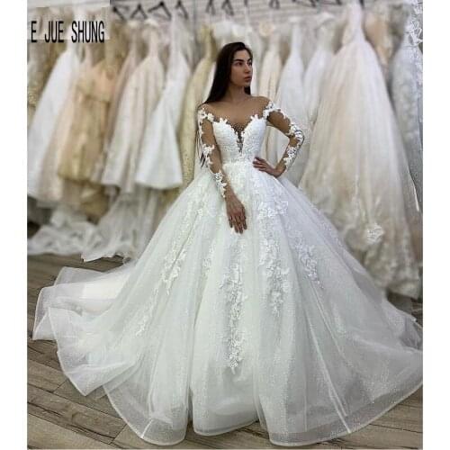 E JUE SHUNG White Shining Ball gown Wedding Dresses Scoop Neck Lace Appliques Long Sleeves Button Back Custom made Bridal Gowns
