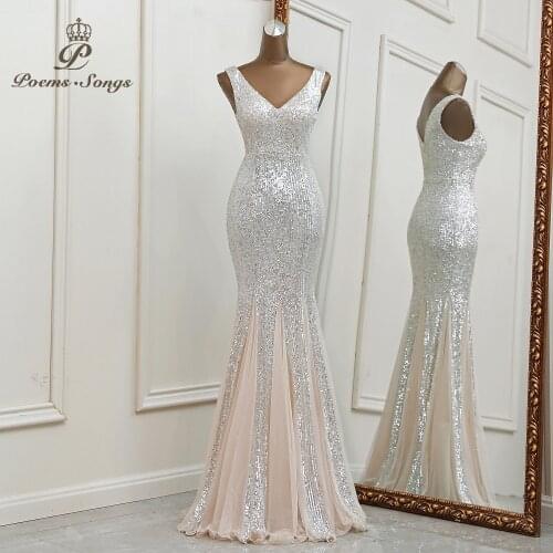 Sexy V neck silver evening dress vestidos de fiesta party dress Bridesmaid dress Bridal dress robe de soiree de mariage